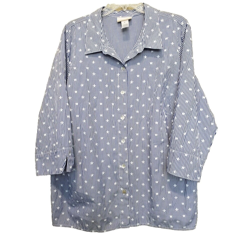 Alfred Dunner Woman Blue Stars & Stripes 3/4 Sleeve Button-Up Shirt Size 2X